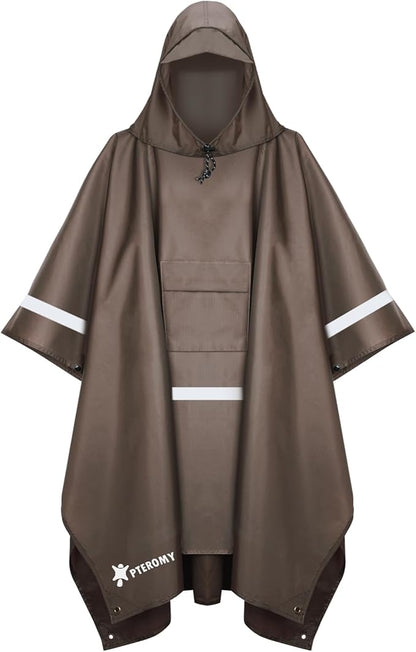 PTEROMY Hooded Rain Poncho for Adult with Pocket, Waterproof Lightweight Unisex Raincoat for Hiking Camping Emergency