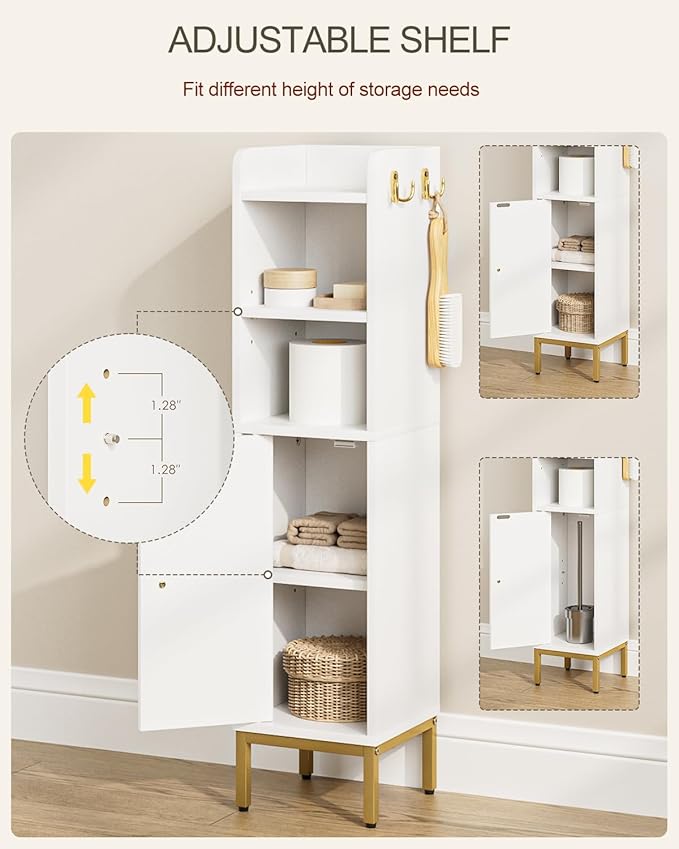 Bathroom Storage Cabinet, Small Corner Floor Hutch with Door and Shelves, Narrow Toilet Paper Cabinet, Bathroom Organizer with 2-Tier Adjustable Shelf for Small Spaces,White