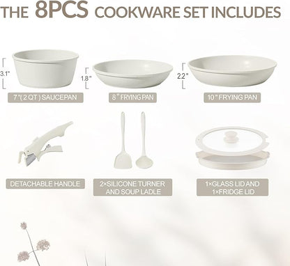 8PCS Ceramic Cookware,Nonstick Ceramic Pan, Removable Handle Pots and Pans Set, Stackable Pan Set, Nonstick Pots and Pans Set Non Stick pot for Home,RV