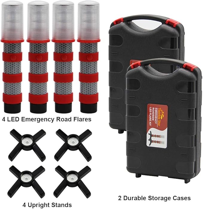 Twinkle Star Emergency Roadside Flares Kit LED Safety Strobe Road Warning Light Highway Beacon Alert Flare with Magnetic Base, Detachable Stand, Solid Storage Case (Set of 4)