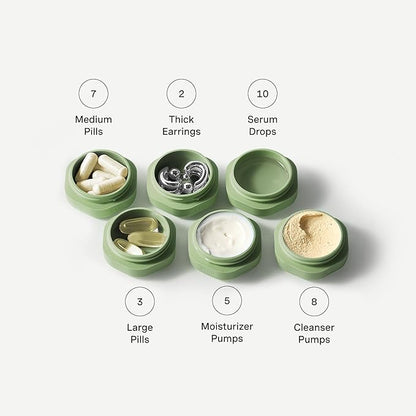 Cadence Travel Containers Basic Skincare Set - Magnetic Containers with Lids,Carry On Travel Essentials For Women/Men - 3 Small Capsules (0.56oz) - Cleanser, Moisturizer & Sun-Icon Labels - Evergreen