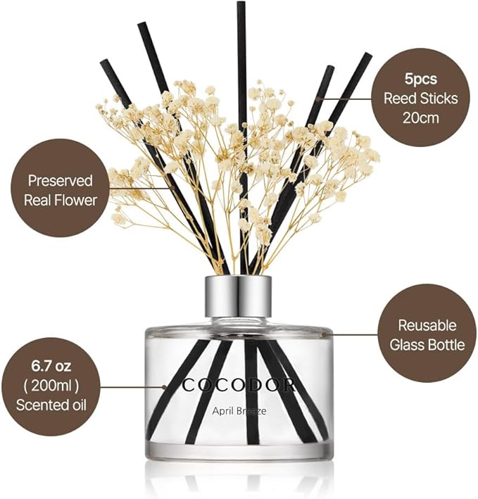 COCODOR Flower Reed Diffuser Set / 6.7oz / Cashmere Vanilla/Scent Diffuser with Sticks Home Fragrance Reed Diffuser for Bathroom Shelf Decor
