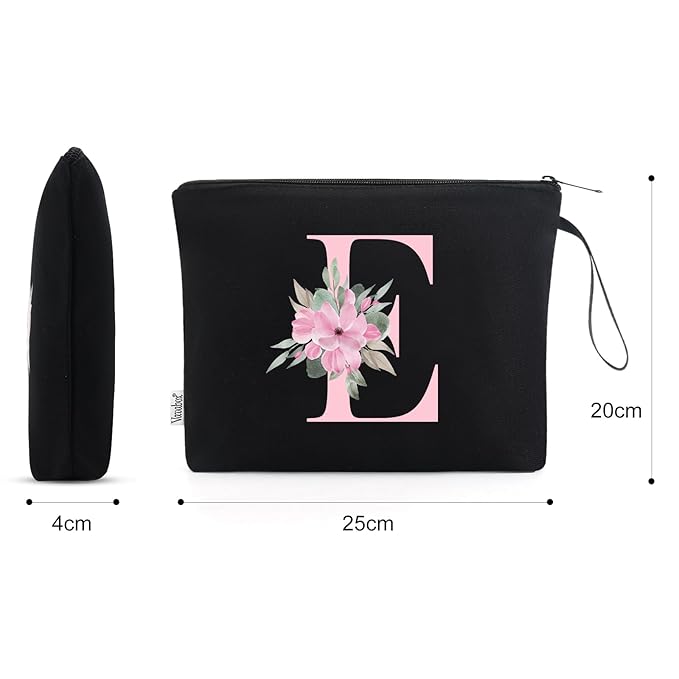 Vavabox A-Z Personalized Makeup Bag, Birthday Gifts for Women Mom, Gifts for Best Friend, Bride Bridesmaid Cosmetic bag (E, Black)