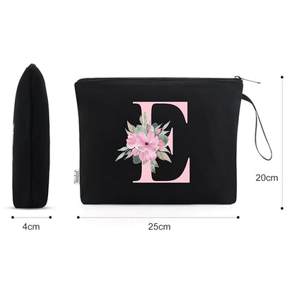 Vavabox A-Z Personalized Makeup Bag, Birthday Gifts for Women Mom, Gifts for Best Friend, Bride Bridesmaid Cosmetic bag (E, Black)