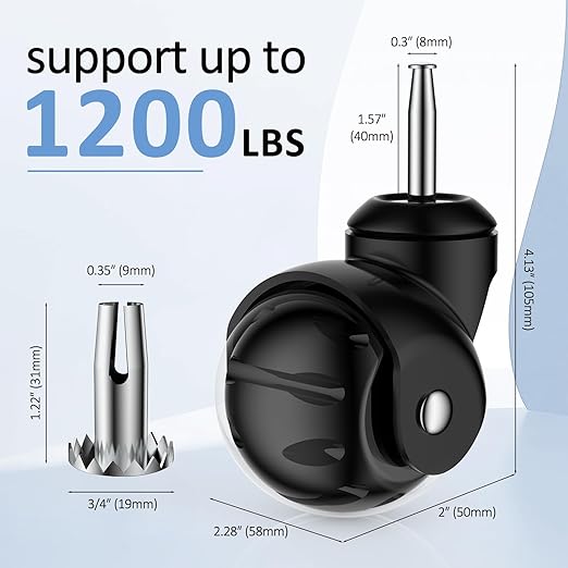 2 Inch Ball Caster Wheels - Stem Casters Set of 4,Heavy Duty 1200 LBS,360° Swivel,Non Marking Polyurethane,Black Replacement Castors for Furniture, Cabinet, Cart,Coffee Table (Black)