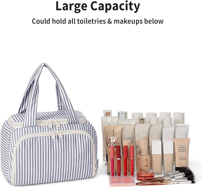 Narwey Large Travel Toiletry Bag, Wide-open Travel Bag for Toiletries, Toiletry Bags for Traveling Women, Cosmetic Make Up Makeup Bag Organizer with Wet Pocket, Skincare Bag (Greyish Blue Stripe)