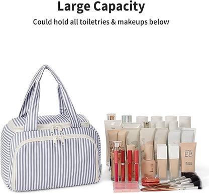 Narwey Large Travel Toiletry Bag, Wide-open Travel Bag for Toiletries, Toiletry Bags for Traveling Women, Cosmetic Make Up Makeup Bag Organizer with Wet Pocket, Skincare Bag (Greyish Blue Stripe)