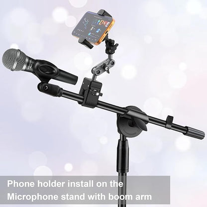 Mic Stand Phone Holder,2-Stage Magic Arm Super Clamp Phone Clip for Microphone Stand, Flexible Adjustable iPhone Music Stands Mount for iPhone17 16 15 14 13 12 11 Galaxy Nexus LG All Smartphones