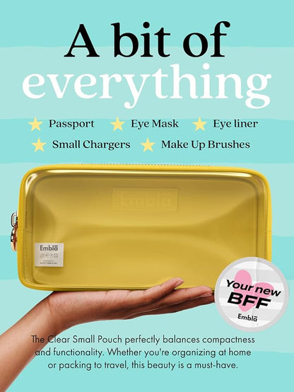 Embla London Makeup Bag Cosmetic Case, Clear Zipper Make Up Pouch and Toiletry Travel Tote, Cute Skincare Pouches for Women Girls, Preppy Purse Cosmetic Organizer, Small Makeup Bags, Lemon