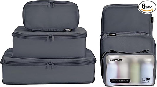 Compression Packing Cubes for Travel, 6-Piece Set (L/M/S), Double-Zip Luggage Organizers with Mesh Panels, Space-Saving Clothes Storage Bags for Suitcase & Carry-On (6 Pack, Charcoal Gray)