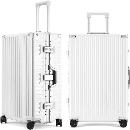 ROAMING Zipperless Luggage 22 Inch with Aluminum Frame, Polycarbonate Trunk-Medium Lightweight Hard Shell Suitcase with Spinner Wheels, Metal Travel Luggage with Double Tsa Locks, Shell white