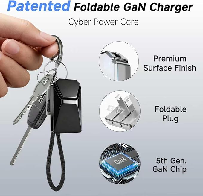 USB C Charger for iPhone 16/15 Charger Fast Charging,GaN Keychain Design Fast Wall Charger Block with USB C to C & C to Lightning Cable,Christmas Gift for men,Foldable and Compact for iPhone(Black)