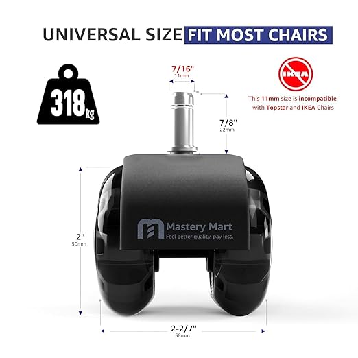 Mastery Mart Office Chair Caster Wheels for Hardwood Floors, Heavy Duty and Quiet Smooth Roller Blade Wheels for Office Chair, Universal Size (11x22mm), Suitable for Most Chairs