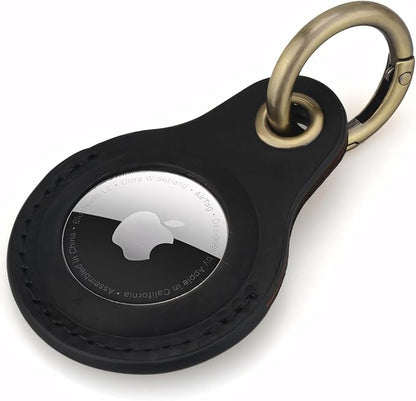 Genuine Leather AirTag Keychain Holder Compatible with Apple AirTags Keyring, Anti Lost Secure Key Ring Case for Pet Collar Luggage Suitcase Tracking Travel, Protective Air Tag Key Chain Cover, Black