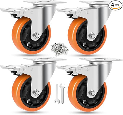 W B D WEIBIDA 4 Inch Swivel Casters with Brake Set of 4 Heavy Duty of 1200 lbs, Safety Dual Locking Plate Castors, No Noise Wheels for Furniture, Workbench and Carts(Nuts & Bolts & 2 Spanners)
