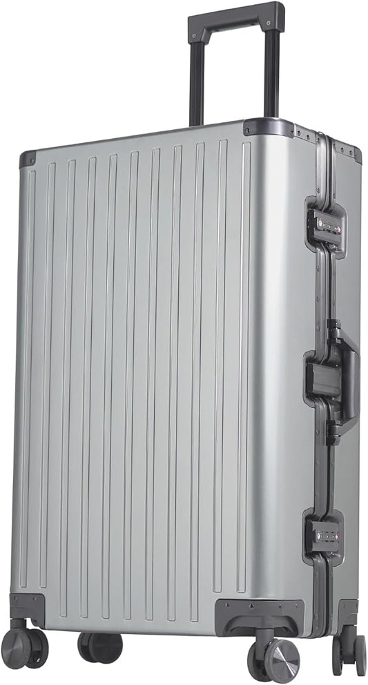 28-inch Aluminum Checked Suitcase: Gunmetal Gray - Full Metal Shell - Crush-Resistant & Burst-Proof, TSA Lock & Spinner Wheels for Business Travel - Men Women