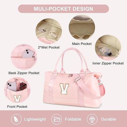 Dance Gym Duffel Bag for Teen Girls, Personalized Initial Travel Weekender Bag,Cute Overnight Carry On Duffle for Women,Sports Travel Cheer Bag,Monogram Christmas Gifts for Tween Preppy(pink-V)