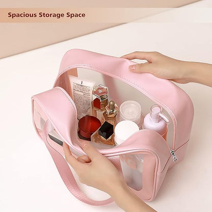 Travel Toiletry Bag for Women, Matte Translucent Toiletry Bag with Handy Handle, Makeup Cosmetic Organizer Bag for Travel Toiletries Accessories (Pink)