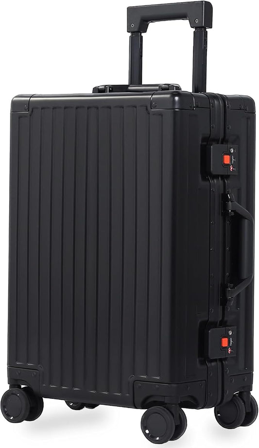 All Aluminum 24 Inch Check In Luggage Hard Shell Suitcases with Spinner Wheels and TSA Lock, Checked Medium Suitcase (Black)