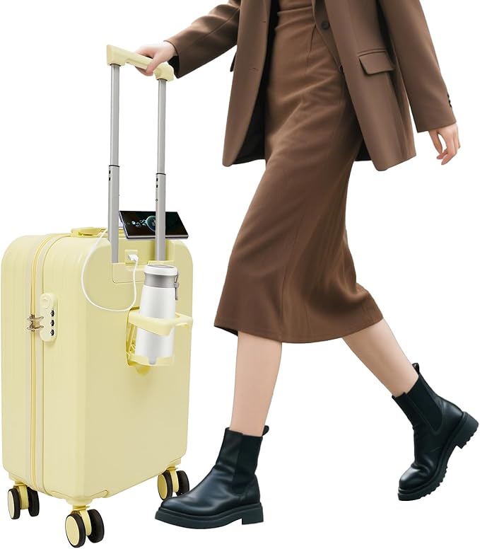 20 Inch Carry-On Luggage, Hardshell Suitcase with Wheels & USB Port,Suitcases with Wheels, 20.87x13.39x9.06 Inch Expandable Cabin Suitcase for Air Travel, etc,Light Yellow