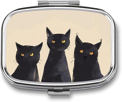 Metal 2 Compartment Pill Organizer Travel Friendly Portable Compact Pill Box Cute Pill Case to Hold Vitamins,Fish Oil,Supplements,Meds,Tablet for Purse,Pocket. (Three Cats)