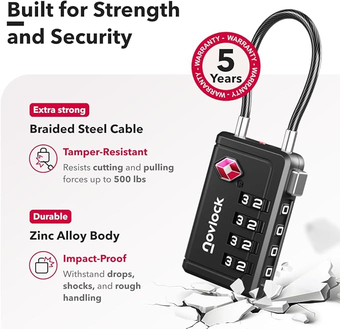 TSA Approved Luggage Locks | Inspection Indicator, 4-Digit Combination, Durable Zinc Alloy | for Suitcases, Backpacks, Travel Bags | Black, 6-Pack