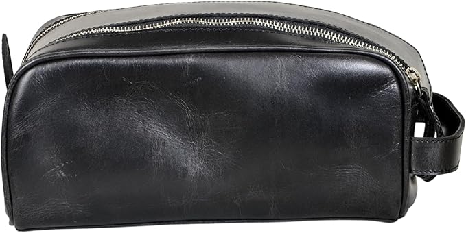 10.5" Premium Buffalo Leather Unisex Toiletry Bag Travel Pouch Kit With Shaving kit Accessories 3 Leather items :Shaving Brush Case, Razor Protective Travel Case (Black)