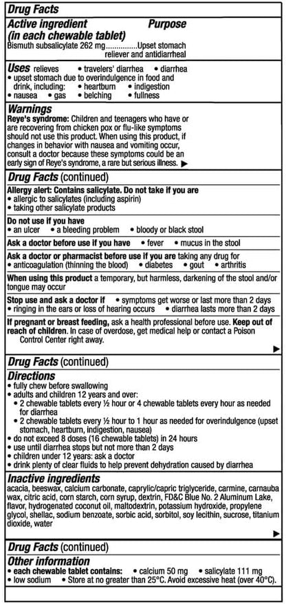 Pepto Bismol Chews, Fast and Effective Digestive Relief from Nausea, Heartburn, Indigestion, Upset Stomach, Diarrhea, Berry Mint Flavor, 72 Total (3 Packs of 24)