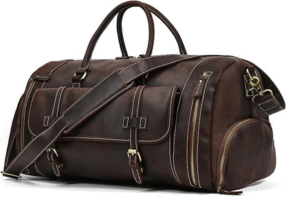 Full-grain Genuine Leather Travel Bag Large Capacity Duffel Luggage Bag with Shoe Compartment, Men Women Shoulder Handbag for Weekend Holiday Business Trip