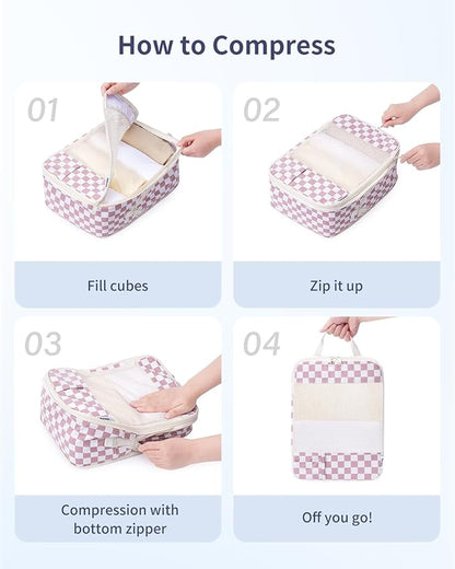Narwey 5 Set Compression Packing Cubes for Travel, Luggage Packing Organizer Bags for Carry on Suitcase, Expandable Checkered Storage Bags with Laundry & Handle (Dusty Pink Checkerboard)