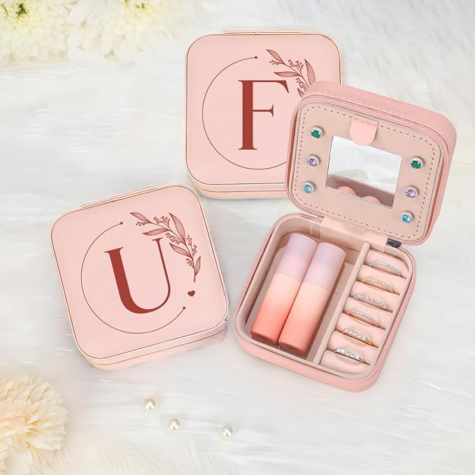 SANDJEST Personalized Jewelry Box, Pink Small Travel Jewelry Box with Initial U, Monogrammed Jewelry Case Organizer for Girls Women Teen, Mini Travel Essentials Gifts for Christmas Birthday