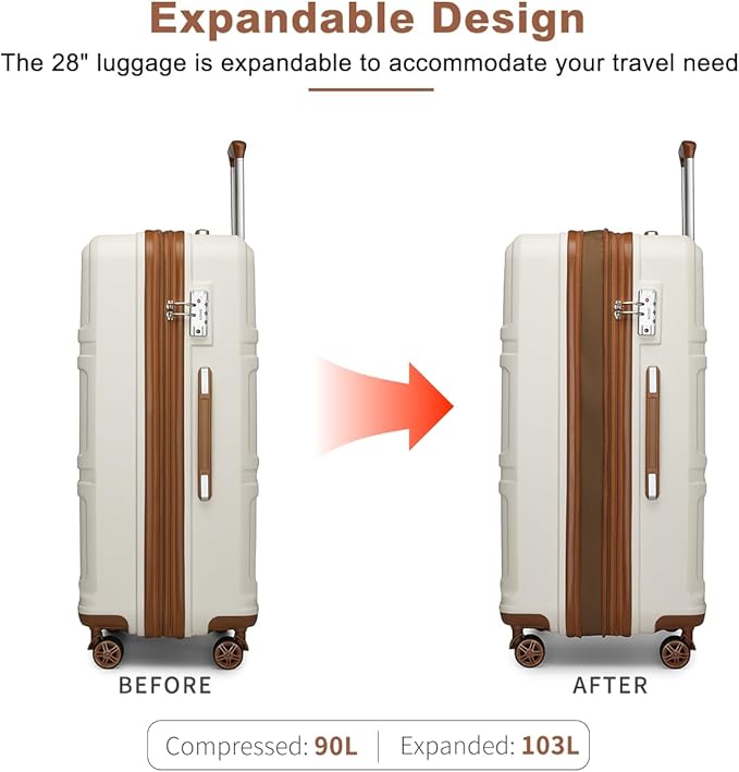 Kono 28 Inch Luggage Expandable Suitcase with Spinner Wheels TSA Lock Lightweight PC+ABS Hardside Large Checked Luggage Durable Rolling Suitcase Cream White