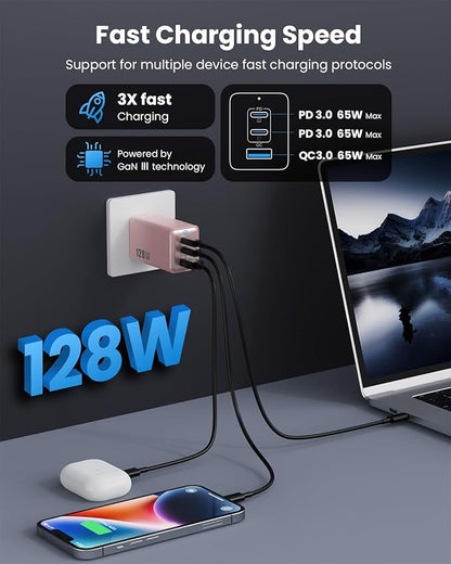 128W USB C Wall Charger,GaN III 3-Port Fast Charging Station,PD QC Foldable Charger Block Portable 65W Laptop Adapter for MacBook Pro/Air,iPad Pro,Galaxy S23,Dell XPS 13,iPhone 17/16/Pro etc