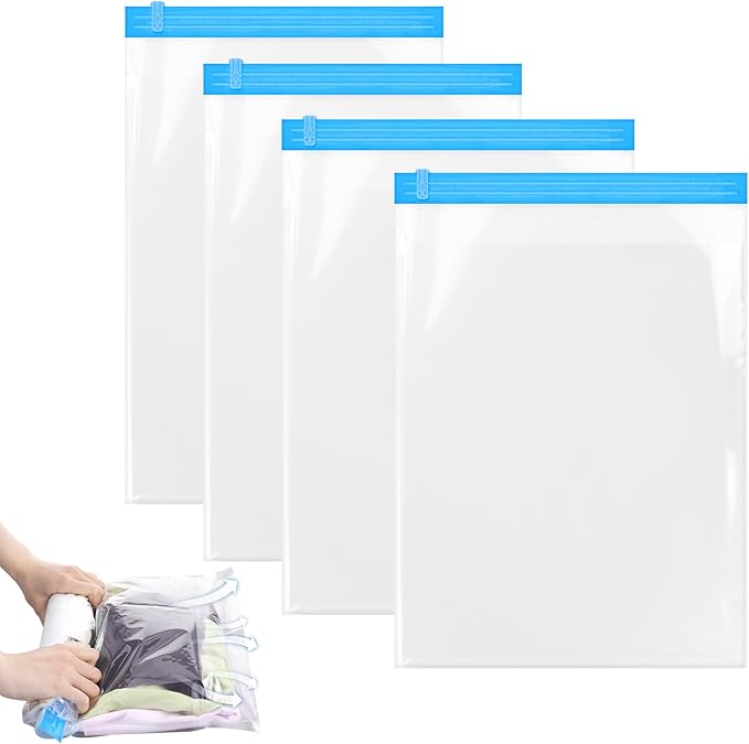 4pcs Travel Compression Bags For Packing 2 Sizes Roll Up Space Saver Bags No Vacuum or Pump Needed Packing Bag For Travel Clothing Storage Luggage Backpack