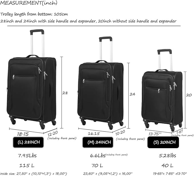 3pcs Set Softside Luggage Sets With Spinner Wheels, Expandable Softshell Suitcase Set with front pocket, 28inch, 24inch,20inch Lightweight fabric luggage(BLACK)