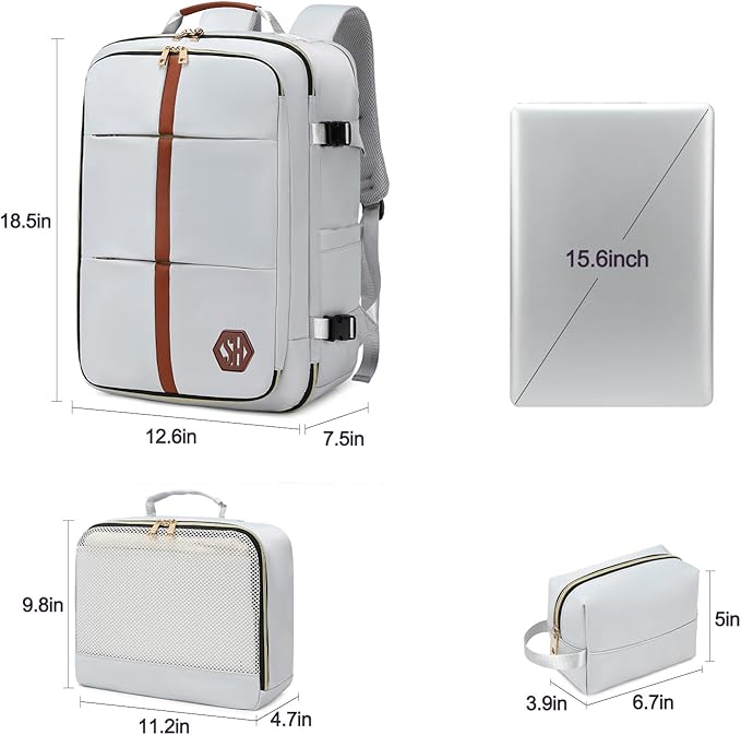 40L Travel Laptop Backpack for Women & Men, Airline Approved Carry On Luggage Overnight Bags, Waterproof Personal Item Bag, Weekender Essentials Backpacks Vacuum Backpack Gray White