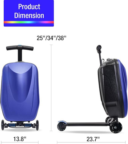 20" Scooter Suitcase for Kids, 2-in-1 Ride On Luggage with Wheels for Boys & Girls Ages 4-15, Foldable Hardshell Carry On Lightweight Travel Suitcase for Airplane (With LED, Dark Blue)