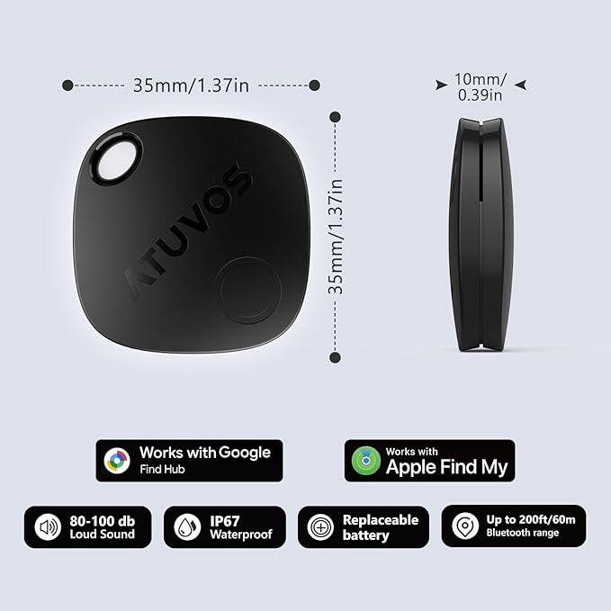 ATUVOS 2025 New Upgraded Dual System Air Tracker Tags-2 Pack, Compatible with iOS Apple Find My & Android Google Find Hub APP (Not for Huawei), Bluetooth Tracker for Keys, Luggage, Backpack, Suitcases