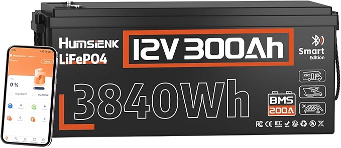 HumsiENK Bluetooth 12V 300Ah LiFePO4 Lithium Battery, 200A BMS with Low-Temp Cutoff, Max. 2560W Stable Power Output, 15000+ Deep Cycles Battery for RVs, Marine, Home Energy Storage, Off-Grid Living