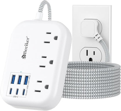 6 USB(3 USB C) Surge Protector Power Strip- Extension Cord 10 Ft with 24W USB Charging Station and 3 Outlets, Flat Plug Long Braided Extension Cord with Multiple Outlets for Home Office College Dorm
