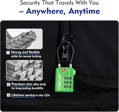 SURE LOCK TSA Compatible Travel Luggage Locks, Inspection Indicator, Easy Read Dials TSA Approved with Zinc Alloy Green 4PACK