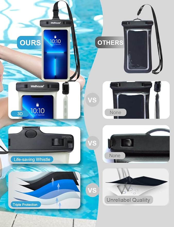 wellhouse Waterproof Phone Pouch, Waterproof Phone Case for iPhone 16 15 14 13 12 Pro Max XS Samsung, IPX8 3D Cellphone Dry Bag Beach Essentials (1 Pack - Luminous Black7.0, 7 inch)