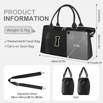Dance Gym Duffel Bag for Teen Girls, Personalized Initial Travel Weekender Bag,Cute Overnight Carry On Duffle for Women,Sports Travel Cheer Bag,Monogram Christmas Gifts for Tween Preppy(black-I)