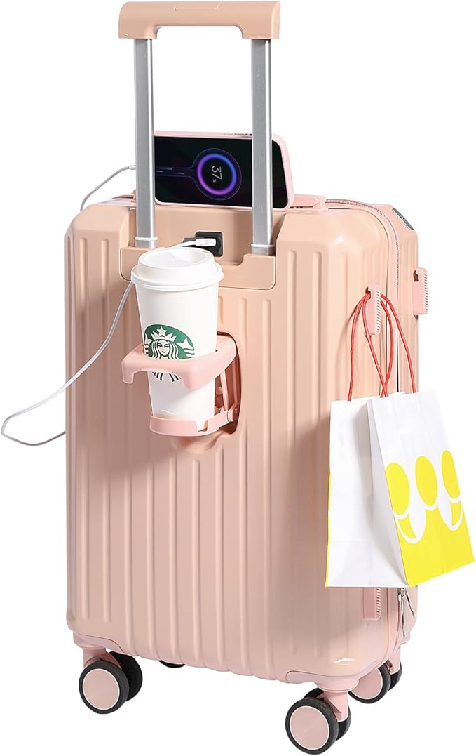Carry-on Luggage with Cup Holder & USB Charging Port, Hard Side Luggage with Spinner Wheels, Lightweight Luggage for Travel, Business (Pink, Carry-On 20-Inch)