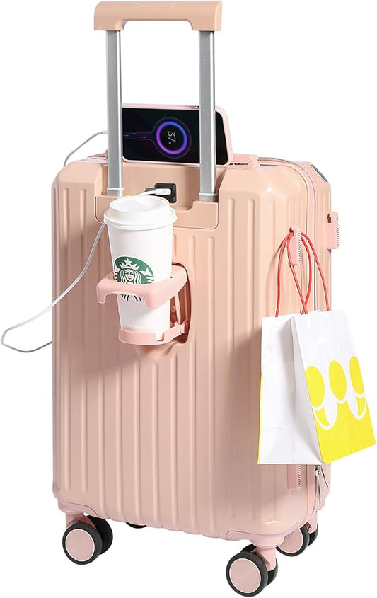 Carry-on Luggage with Cup Holder & USB Charging Port, Hard Side Luggage with Spinner Wheels, Lightweight Luggage for Travel, Business (Pink, Carry-On 20-Inch)