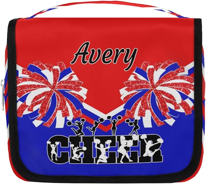 Custom Name Toiletry Bag Travel Bag with Hanging Hook, Makeup Cosmetic Bag Travel Full Sized Container Organizer for Shampoo, Toiletries. Red Royal Blue Black Cheerleader Silhouette