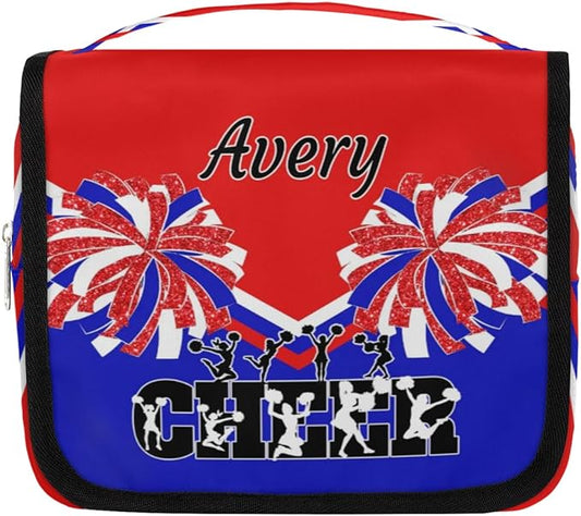 Custom Name Toiletry Bag Travel Bag with Hanging Hook, Makeup Cosmetic Bag Travel Full Sized Container Organizer for Shampoo, Toiletries. Red Royal Blue Black Cheerleader Silhouette