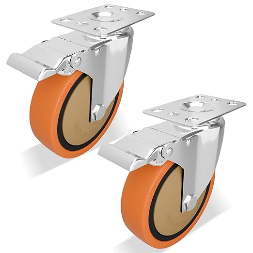 5 Inch 304 Stainless Steel Casters with Brake, Set of 2, Heavy Duty Swivel Wheels for Commercial Kitchen, Food Processing, Hospital, Lab, Utility Carts