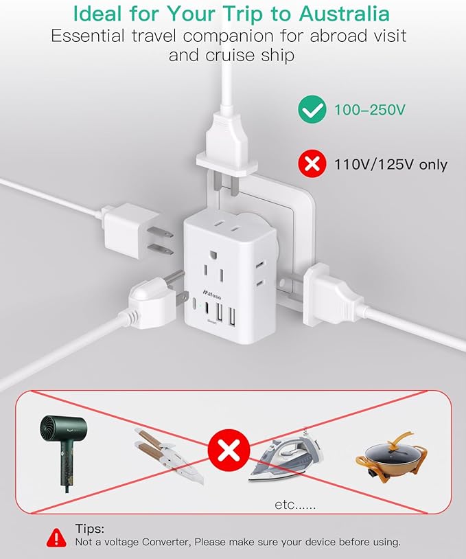 2 Pack Australia New Zealand Power Plug Adapter, Australia Travel Adapter with 4 American Outlets 4 USB Charging Ports (4 USB C), Type I Plug Adapter for US to Australia, Argentina, China