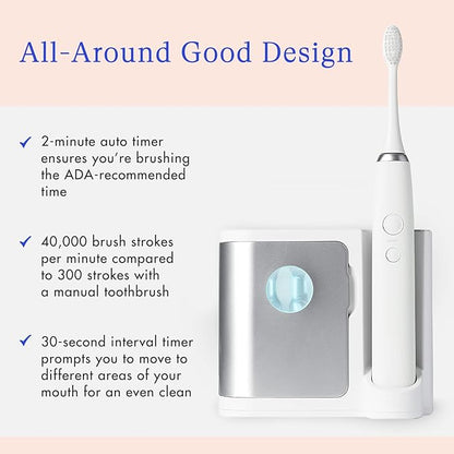 Vanity Planet Elements Ultrasonic Electric Toothbrush - Silver - Advanced Oral Care with UV Sanitizing Charger Base with 3 Replacement Heads - 99.9% Effective Keeping Your Teeth Clean
